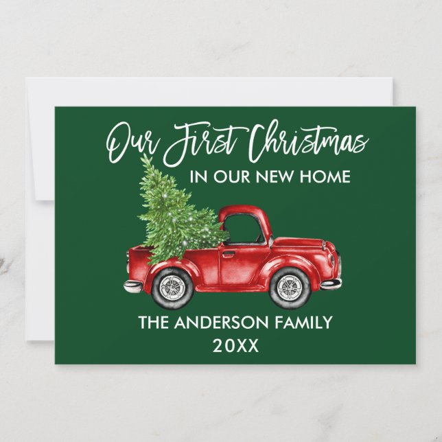 Cartes Pour Fêtes Annuelles Bracelet Script Vert Premier Noël Nouveau Camion (Devant)