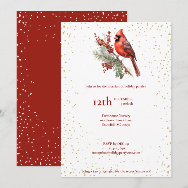 Cartes Pour Fêtes Annuelles Branche de houx cardinal hivernal à l'aquarelle ru (Devant / Derrière)