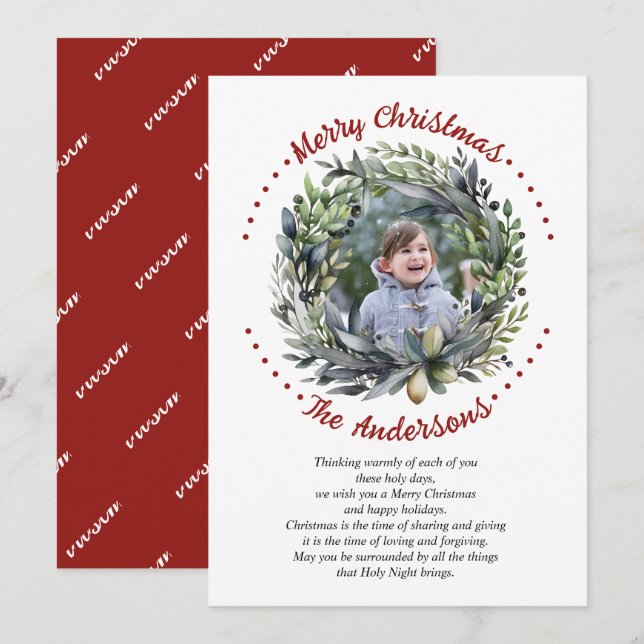 Cartes Pour Fêtes Annuelles Branches de fleurs de Noël avec photo verte (Devant / Derrière)
