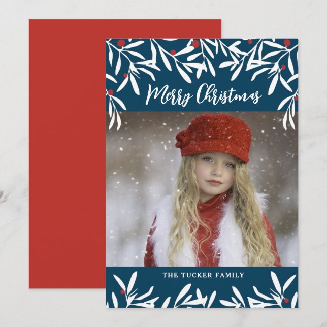 Cartes Pour Fêtes Annuelles Branches de Noël & Berries Marine Bleu photo rouge (Devant / Derrière)