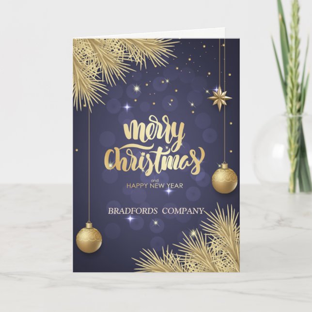 Cartes Pour Fêtes Annuelles Branches de pin, Boules, Compagnie de Noël Bleue (Devant)