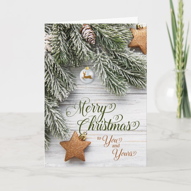 Cartes Pour Fêtes Annuelles Branches et étoiles de pin neige Noël (Devant)