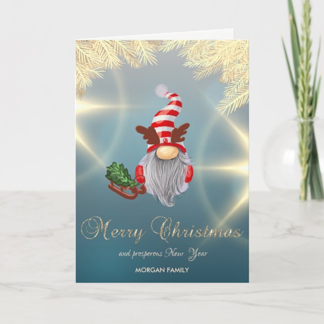 Cartes Pour Fêtes Annuelles Branches nordiques Gnome Sleigh Gold Pine Tree (Devant)
