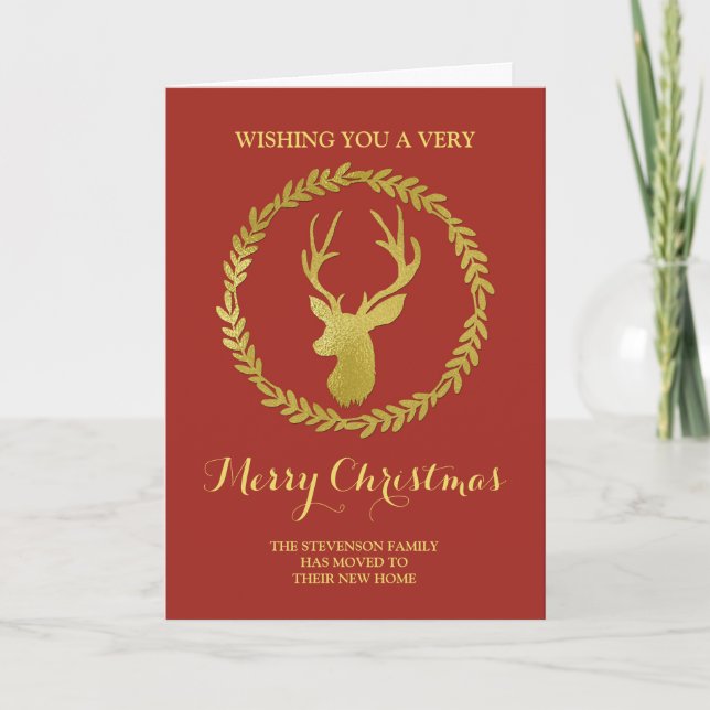 Cartes Pour Fêtes Annuelles Brick Red Gold Deer Wreath Christmas Nouvelle adre (Devant)