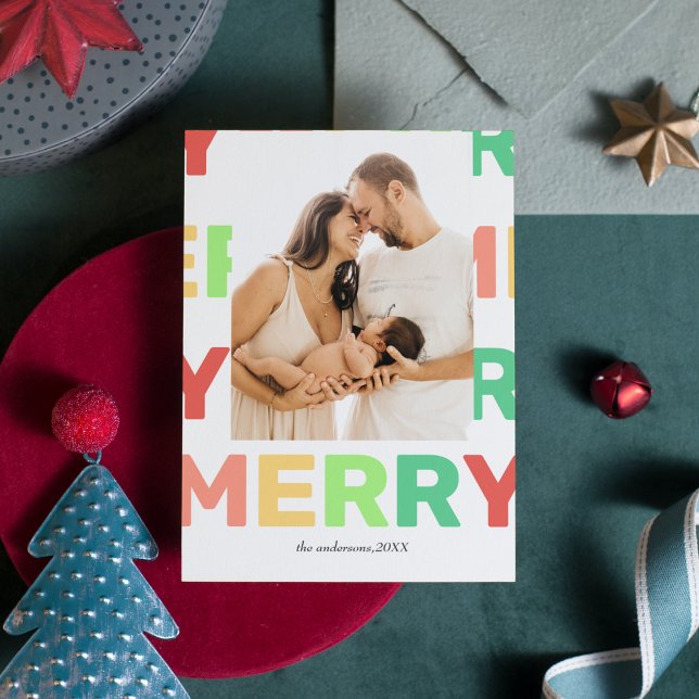 Cartes Pour Fêtes Annuelles Bright Bold Merry Photo personnalisée Xmas (Créateur téléchargé)