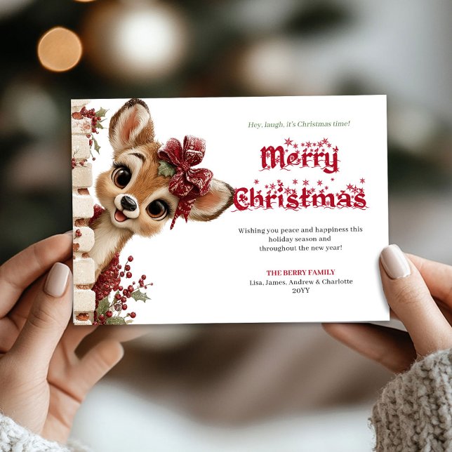 Cartes Pour Fêtes Annuelles Bright Christmas baby deer peeking cheerful card (Bright Christmas baby deer peeking cheerful card)