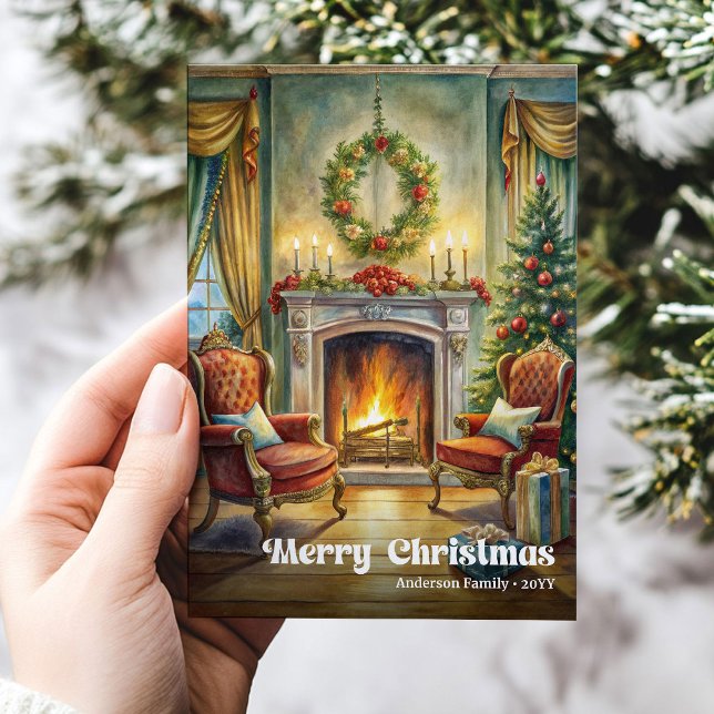 Cartes Pour Fêtes Annuelles Bright classic Christmas scene with cozy interior (Bright classic Christmas scene with cozy interior)