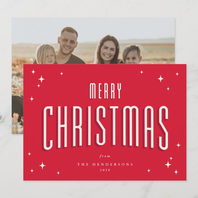 Cartes Pour Fêtes Annuelles Bright Red Joyeux Noël Retro Stars Flat Photo (Devant / Derrière)
