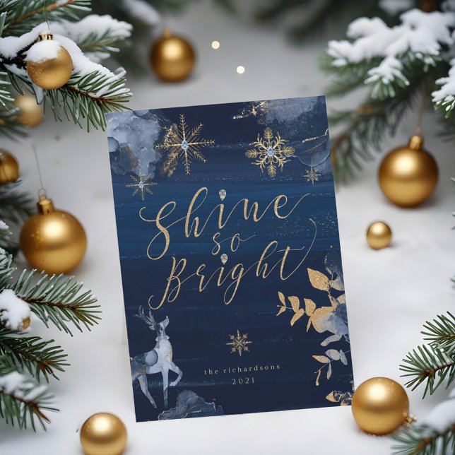 Cartes Pour Fêtes Annuelles Brille si brillant Snowflakes Gold Marine & Reinde (Shine So Bright Navy Gold Snowflakes & Reindeer Holiday Card)