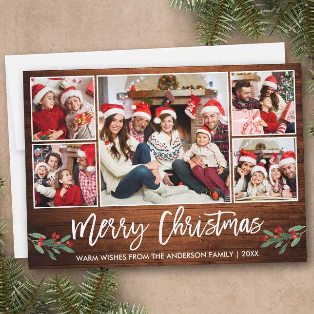 Cartes Pour Fêtes Annuelles Brochure moderne Script Wood 5 Photo Famille Noël (Customize to add text or more photos to back of card.)
