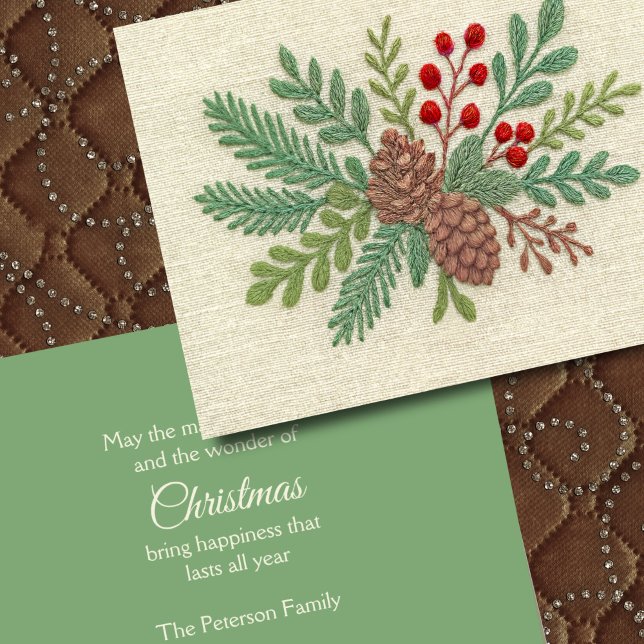 Cartes Pour Fêtes Annuelles Broderie Noël Floral Sprig Pinecone Rouge (Créateur téléchargé)