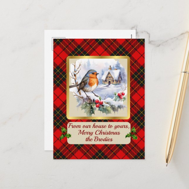 Cartes Pour Fêtes Annuelles Brodie Crest & Tartan avec Robin Personnalisé (Devant/Arrière en situation)