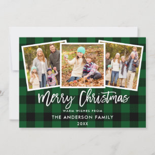 Cartes Pour Fêtes Annuelles Brosse moderne Script 3 Photo Christmas Green Plai