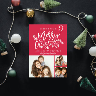 Cartes Pour Fêtes Annuelles Brosse moderne Script Noël Holiday 3-Photo Rouge