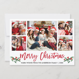 Cartes Pour Fêtes Annuelles Brosse moderne Script Rouge 5 Photo Famille Noël