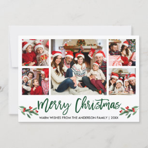 Cartes Pour Fêtes Annuelles Brosse moderne Script Vert 5 Photo Famille Noël