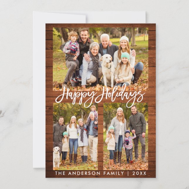 Cartes Pour Fêtes Annuelles Brosse Script Bois rustique Joyeux Vacances Photo (Devant)