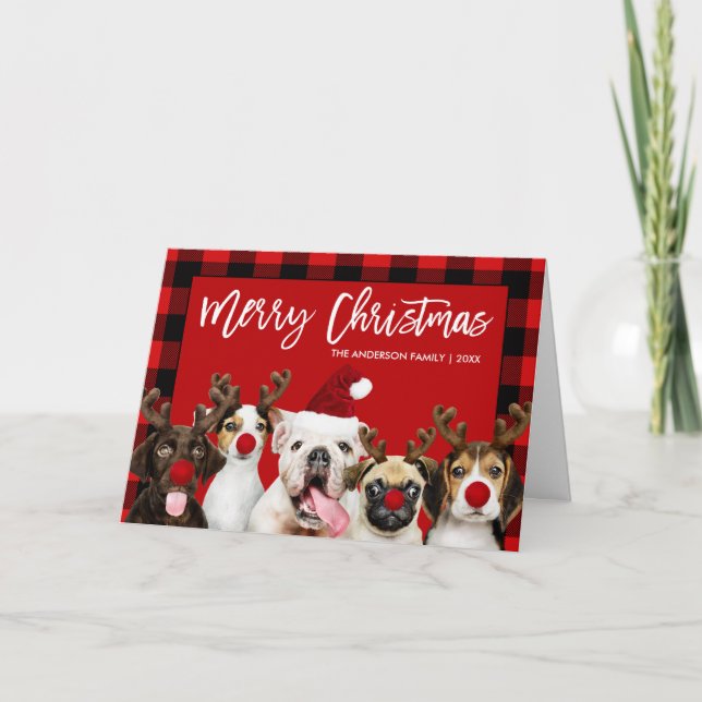 Cartes Pour Fêtes Annuelles Brosse Script Chiens de Noël Rouge Plié (Devant)