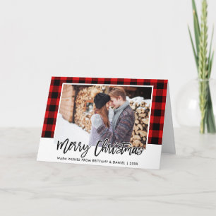 Cartes Pour Fêtes Annuelles Brosse Script Couple Rouge Plaid Photo Noël