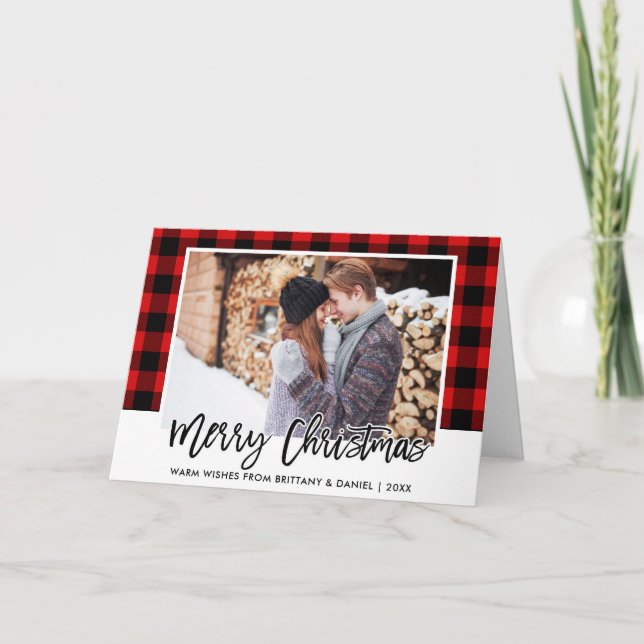 Cartes Pour Fêtes Annuelles Brosse Script Couple Rouge Plaid Photo Noël (Devant)