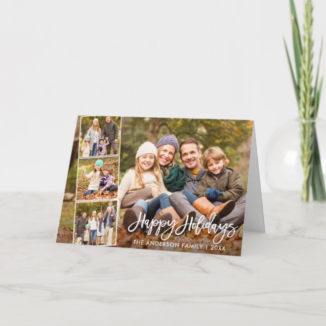 Cartes Pour Fêtes Annuelles Brosse Script Joyeux Vacances Famille 4 Photo Plié (Devant)
