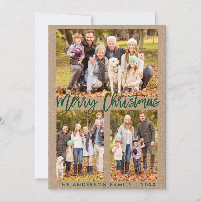 Cartes Pour Fêtes Annuelles Brosse verte Kraft Script Joyeux Noël Photo (Devant)