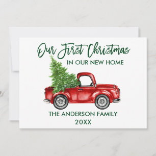 Cartes Pour Fêtes Annuelles Brosse verte Script Premier Noël Nouveau Camion à 