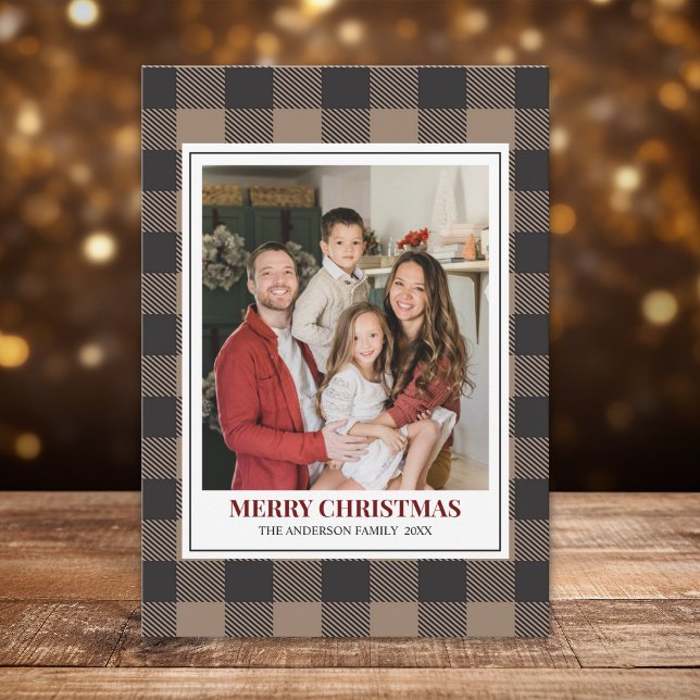 Cartes Pour Fêtes Annuelles Brown Buffalo Plaid with Christmas Family Photo (Créateur téléchargé)