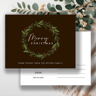 CARTES POUR FÊTES ANNUELLES BROWN MODERNE HOLLY BERRY WREATH MERRY NOËL