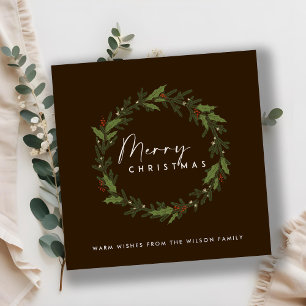 CARTES POUR FÊTES ANNUELLES BROWN MODERNE HOLLY BERRY WREATH MERRY NOËL