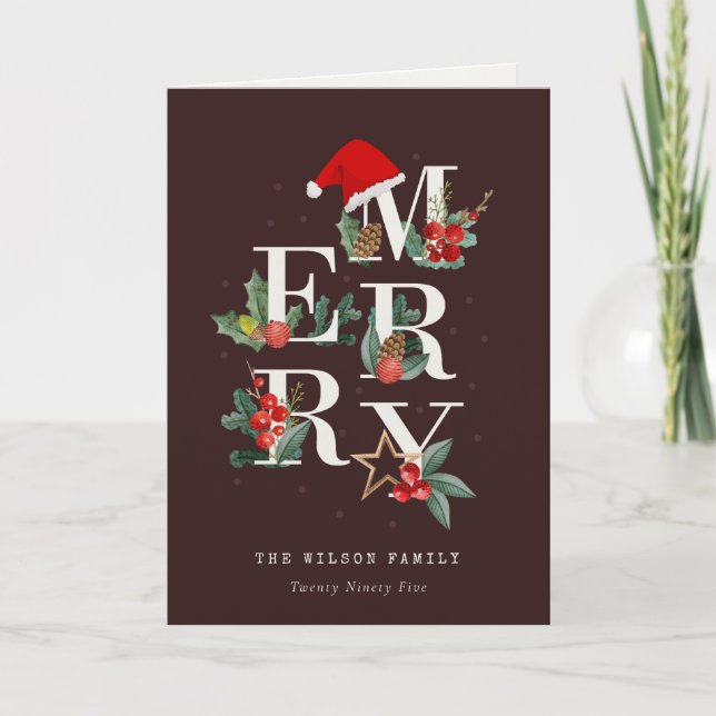 Cartes Pour Fêtes Annuelles Brun Rustique Rouge Vert Joyeux Noël Feuillage (Devant)
