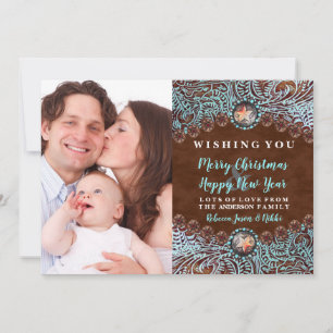 Cartes Pour Fêtes Annuelles brun turquoise western pays photo de Noël