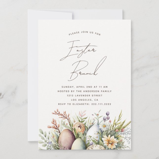 Cartes Pour Fêtes Annuelles Brunch de Pâques. Elégante aquarelle fleurie et oe (Devant)
