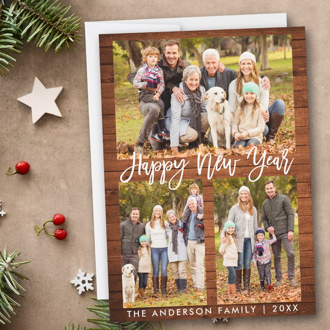 Cartes Pour Fêtes Annuelles Brush Script Bois rustique Bonne année photo (Customize to add text to back of card.)