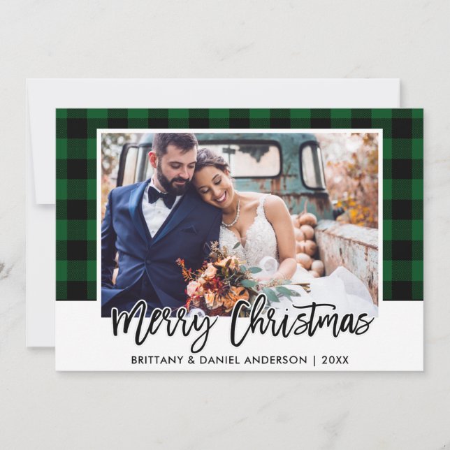 Cartes Pour Fêtes Annuelles Brush Script Green Plaid Mariage Photo Noël (Devant)