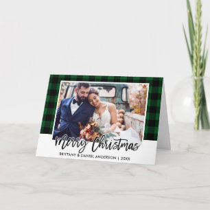 Cartes Pour Fêtes Annuelles Brush Script Green Plaid Mariage Photo Noël