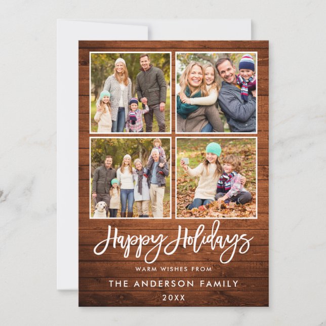 Cartes Pour Fêtes Annuelles Brush Script Joyeux Vacances Bois rustique 4 Photo (Devant)