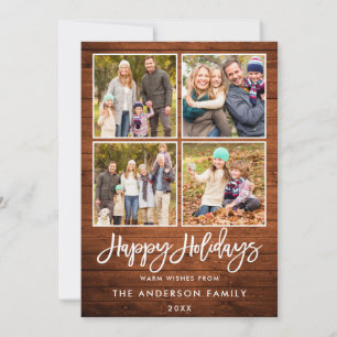 Cartes Pour Fêtes Annuelles Brush Script Joyeux Vacances Bois rustique 4 Photo