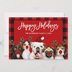 Cartes Pour Fêtes Annuelles Brush Script Joyeux Vacances Chiens Red Plaid