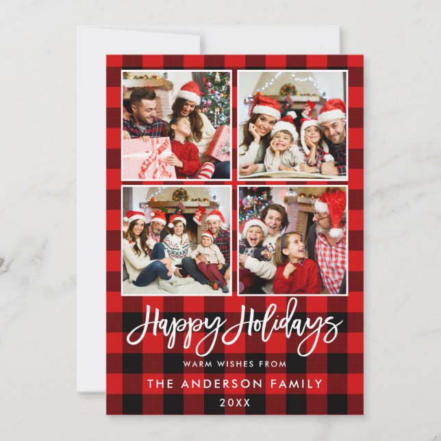 Cartes Pour Fêtes Annuelles Brush Script Joyeux Vacances Rouge Plaid 4 Photo (Devant)