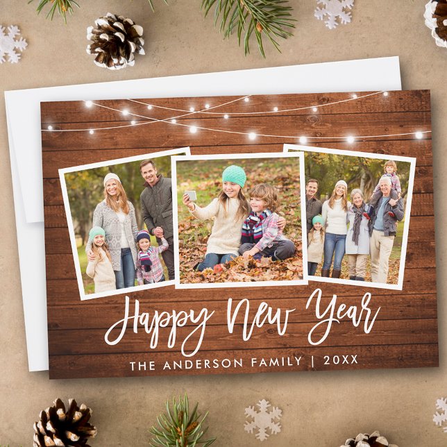 Cartes Pour Fêtes Annuelles Brush Script Lights Wood 3 Photo Bonne année (Customize to add text to back of card.)