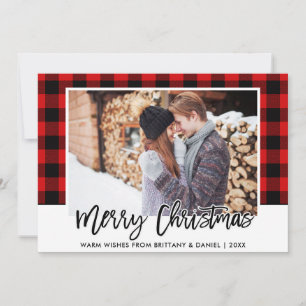 Cartes Pour Fêtes Annuelles Brush Script Red Plaid Couple Photo Christmas