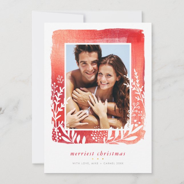 Cartes Pour Fêtes Annuelles BRUSHED FRAME photo minimum feuillage moderne roug (Devant)