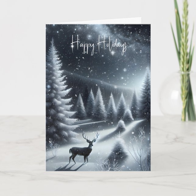 Cartes Pour Fêtes Annuelles Buck Deer En Forêt D'Hiver (Devant)