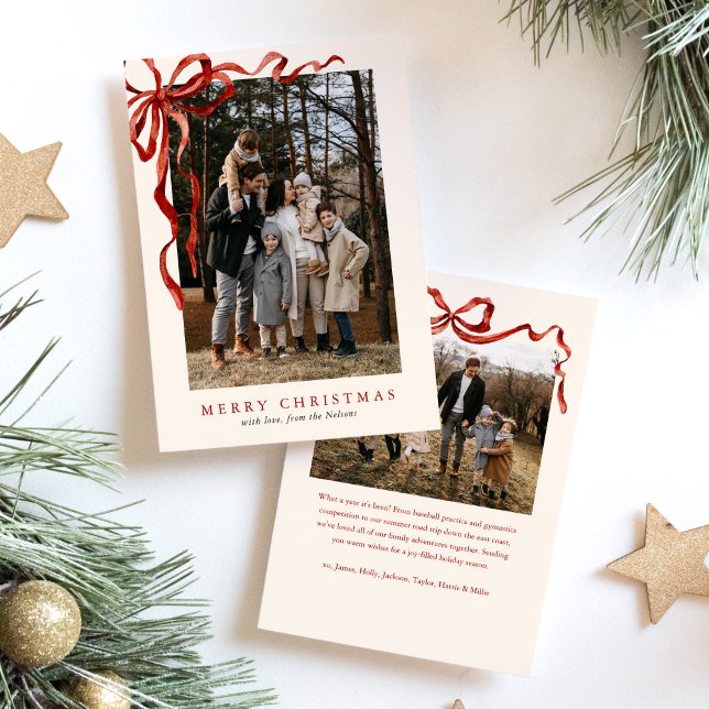 Cartes Pour Fêtes Annuelles Budget Elégant Bow rouge Noël Deux photos (Créateur téléchargé)