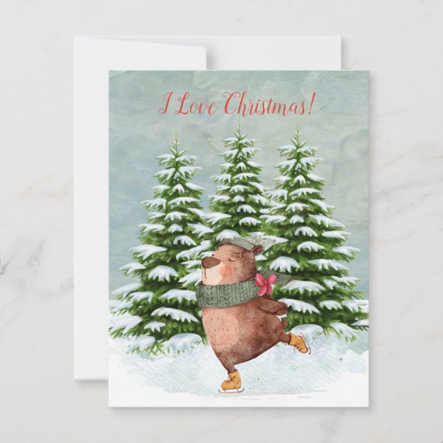 Cartes Pour Fêtes Annuelles Budget Joyeux Patinage Ours neige FLAT Noël (Devant)