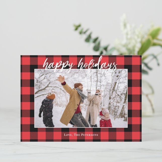 Cartes Pour Fêtes Annuelles Buffalo À damiers Flannel Rouge noir photo heureux (Debout devant)