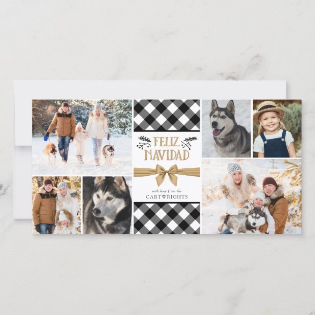 Cartes Pour Fêtes Annuelles Buffalo Check FELIZ NAVIDAD Black White Collage (Devant)