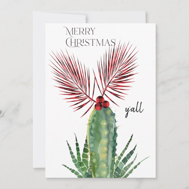 Cartes Pour Fêtes Annuelles Buffalo Plaid & Cactus Joyeux Noël Y'all Photo (Devant)