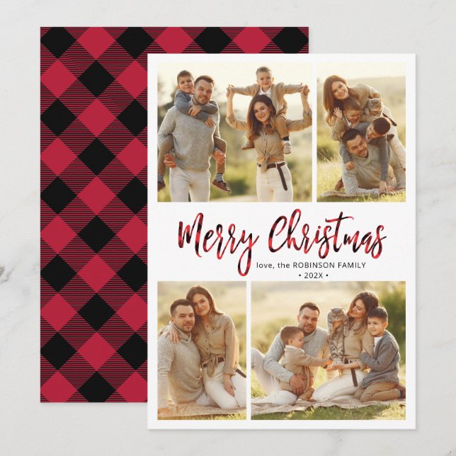 Cartes Pour Fêtes Annuelles Buffalo Plaid Calligraphie 4 Multi Photo Noël (Devant / Derrière)